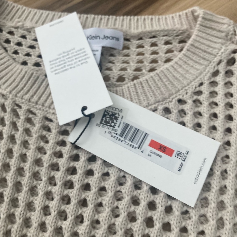 Calvin Klein Womens Knitted Beige Netted Long Sleeve Top Xs Nwt - Picture 3 of 5